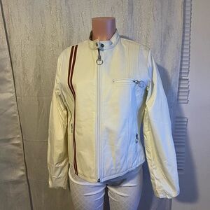 Wilsons Leather Cream Bomber Jacket with Red Stripe